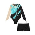 thumbnail image 5 of TSSOE Kids Girls Gymnastic Leotard Mesh Long Sleeve Rhinestones Ballet Dance Bodysuit Top with Sports Shorts Set Turquoise&Black 14, 5 of 7