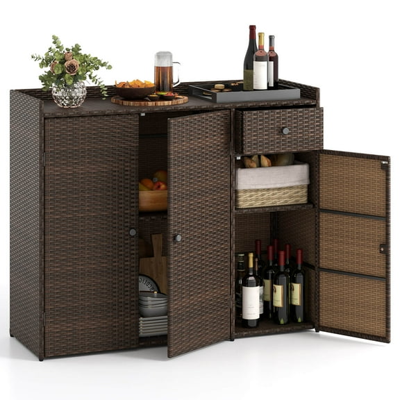Costway Outdoor PE Wicker Storage Cabinet with 3 Doors Adjustable Shelves and Drawer