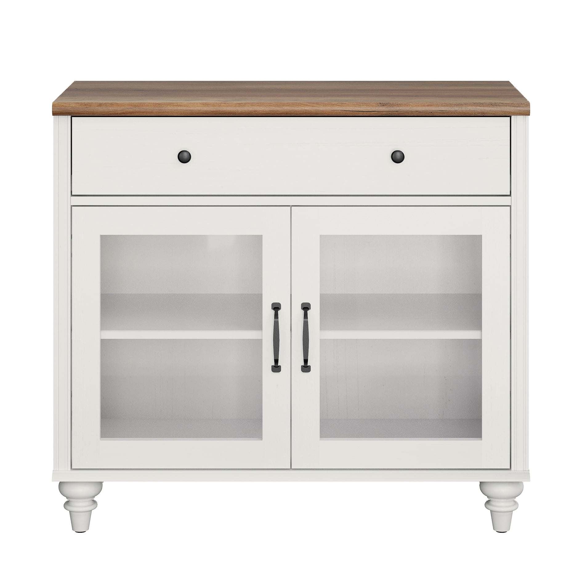 34" White Glass Door Buffet Cabinet with Drawer, Farmhouse Sideboard with Storage