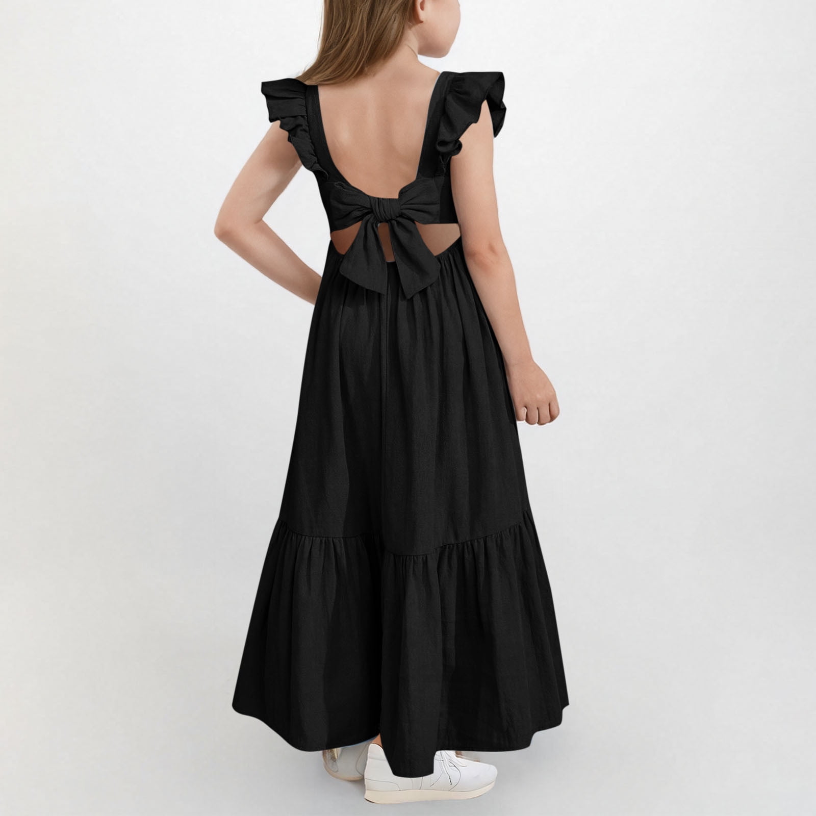 Cotton Linen Dresses for Girls Summer Size 4-15 Teens Kids Trendy Bowknot Backless Ruffle Sleeveless A-Line Beach Maxi Sundresses