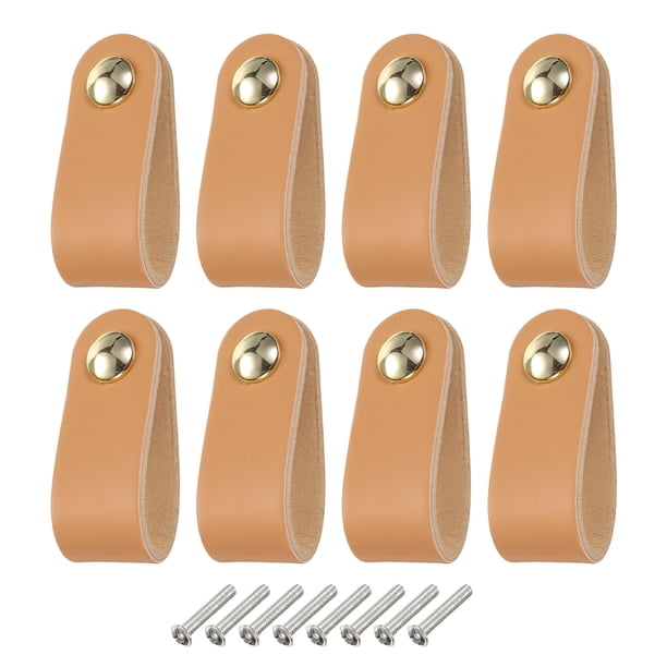 Uxcell 8 Packs Tiradores de Cajón de Cuero con Tornillos para Cajones, Beige/Dorado