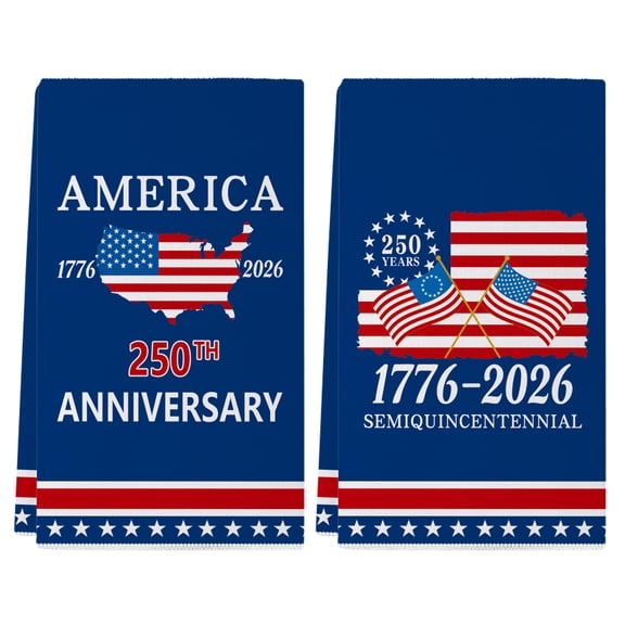 YIBAGA USA 250th Anniversary Kitchen Towels Set of 2, 250 Years 1776 2026 American National Flag Kitchen Dish Towels Home Decor, 18x26 inch, Polyester