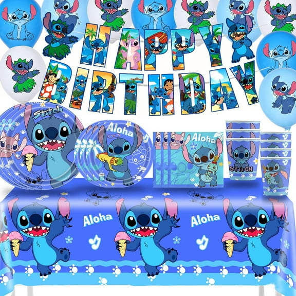 Cartoon Blue Hawaii Theme Birthday Party Supplies Birthday Banner, Tablecloth, Balloons,Paper Cups, Plates and Napkins for Cute Birthday Party Decorations