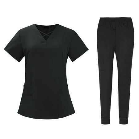 

Nursing Scrub Set Lightweight Workwear Scrubs for Nurse Yoga Jogger Doctors Black Color L