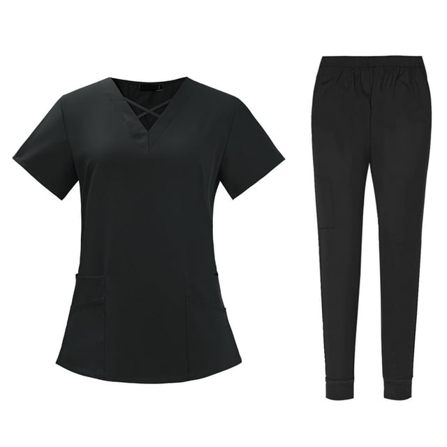 lionlar Nursing Scrub Set Comfortable Breathable with Pockets Fashion Tops Pants Black S