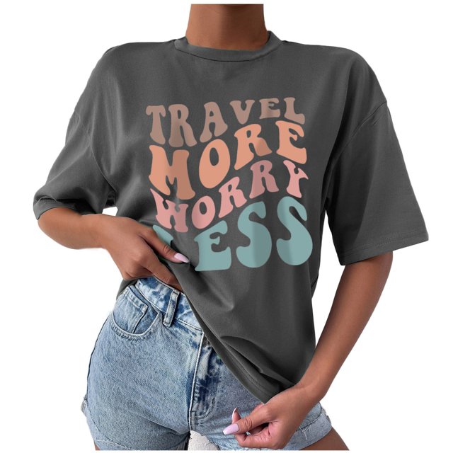 Mujeres Casual Over Size Carta Impresión Cuello Redondo Manga Corta Suelta Top Pullover Blusa Camisetas Fridja bn5303