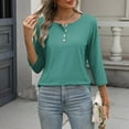 thumbnail image 4 of FAIWAD Womens Tops Casual 3/4 Length Sleeve Crew Neck Button T-Shirts Solid Color Loose Work Daily Blouses, 4 of 9