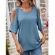 thumbnail image 2 of Camisa de manga corta para mujer, hombros descubiertos, cuello redondo, Color puro, ajuste holgado, blusa informal para mujer para compras diarias, azul grisáceo L, 2 of 6