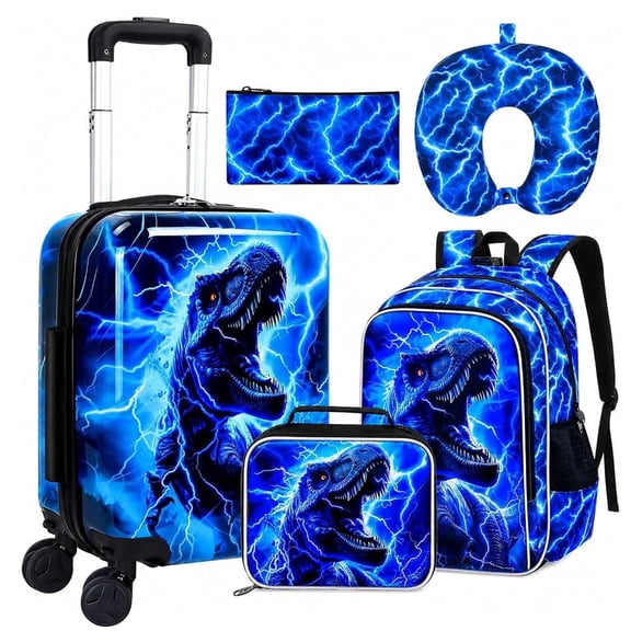 5PCS Kids Carry on Luggage Set, Airline-Approved Suitcases with 360° Spinner Wheels, Cute Travel Suitcase for Boys & Toddlers - Lightning T-Rex Blue