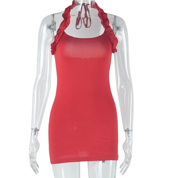 Women's Ruffled Lace-Up Halter Sleeveless Backless Hips Wrapped Mini Dress, Solid Color, Sexy