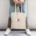 thumbnail image 2 of Stylish canvas tote bag with a striking red and white eye design featuring from the pupil and elegant ' KOE HOP ' cursive text, 2 of 4