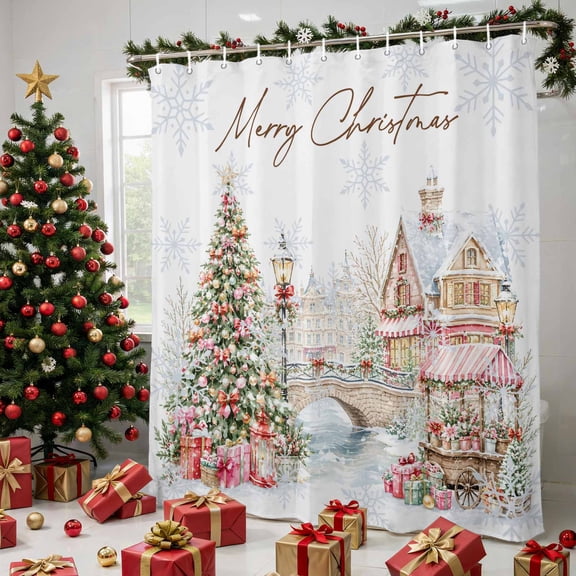 Christmas Shower Curtains for Bathroom, Farmhouse Xmas Tree Gifts Snowflake Waterproof Fabric Shower Curtain, Decorative Bathroom Curtain for Bathtub, 72"x72", No Hooks Included