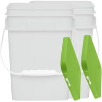4 Gallon Food Grade Buckets | Square Base for Easy Storage | White Plastic Buckets with Green Lids | Pack of 2 Buckets