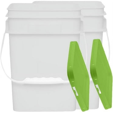 4 Gallon Food Grade Buckets | Square Base for Easy Storage | White Plastic Buckets with Green Lids | Pack of 2 Buckets