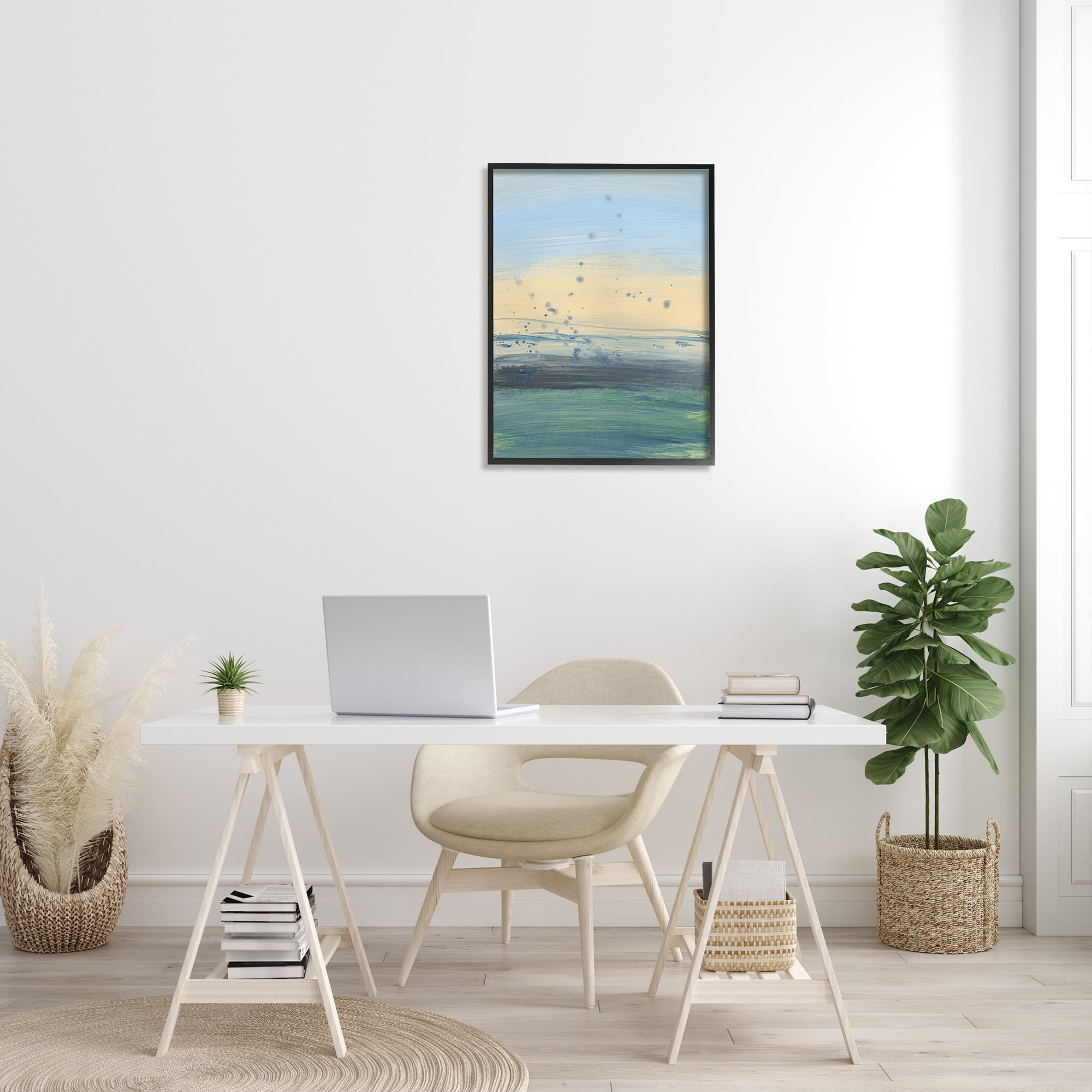 Stupell Industries Conceptual Yellow Ocean Sunset Blue Paint Splatter Graphic Art Black Framed Art Print Wall Art, 24x30, by Bronwyn Baker