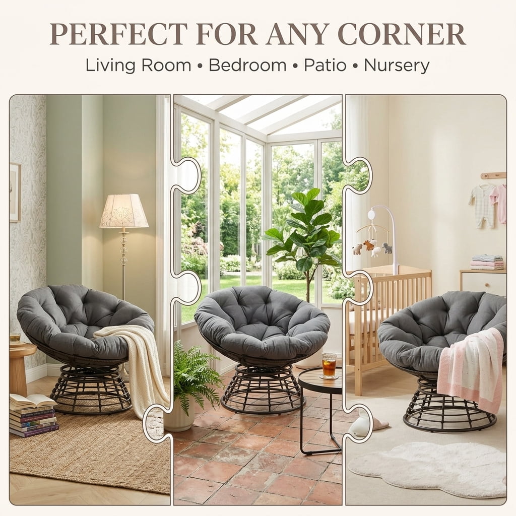 360° Swivel Wicker Papasan Chair with Ergonomic Over-Stuffed Cushion, Modern Rattan Saucer Chair for Living Room & Bedroom