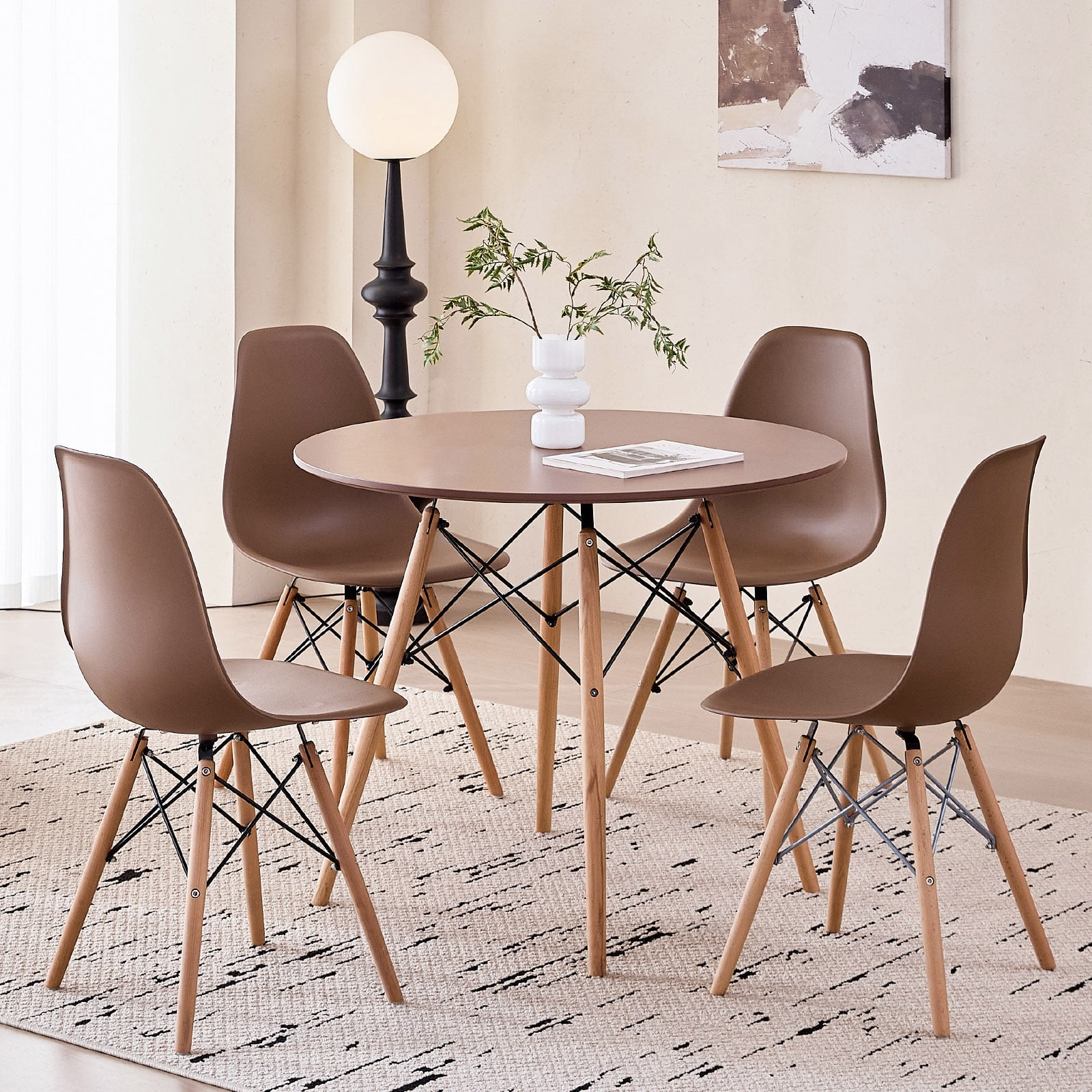 5 Piece 35.5'' Round Dining Table Set for 4, Kitchen Table & Chairs Set of 4, Mid-Century Modern Table W/ 4 Chairs for Home, Living Room, Apartment, Wood Legs, Metal Frame, Brown