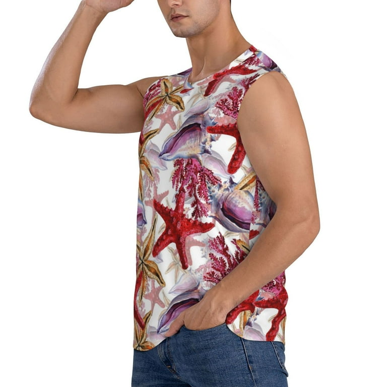 Haiem Men's Coral Reef Print Tank Tops Summer Sleeveless Cut Off