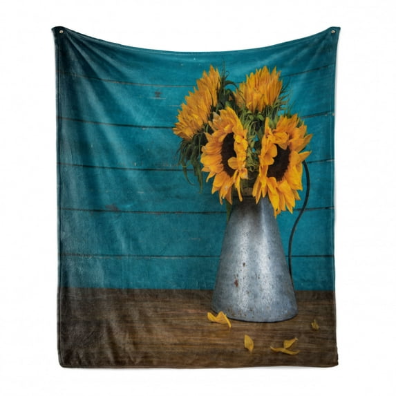 Rustic Wood Soft Flannel Fleece Blanket, Flowers in Antique Vase on Teal Toned Background Retro Style Photography Print, Cozy Plush for Indoor and Outdoor Use, 60" x 80", Multicolor, by Ambesonne