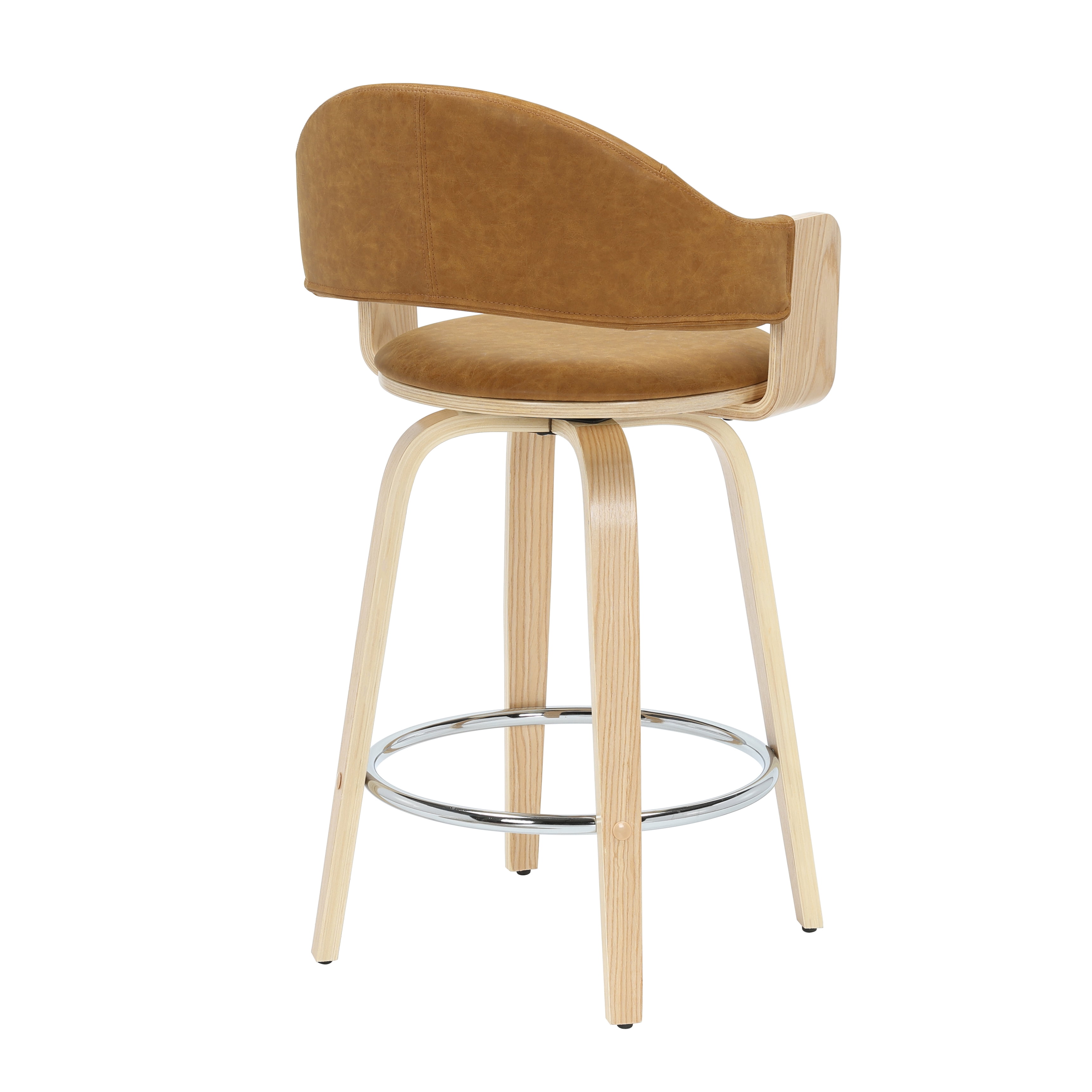 Daxton 36 in. H Swivel Counter Height Camel Round Back Wood Bar Stool with Faux Leather Seat Set of 3