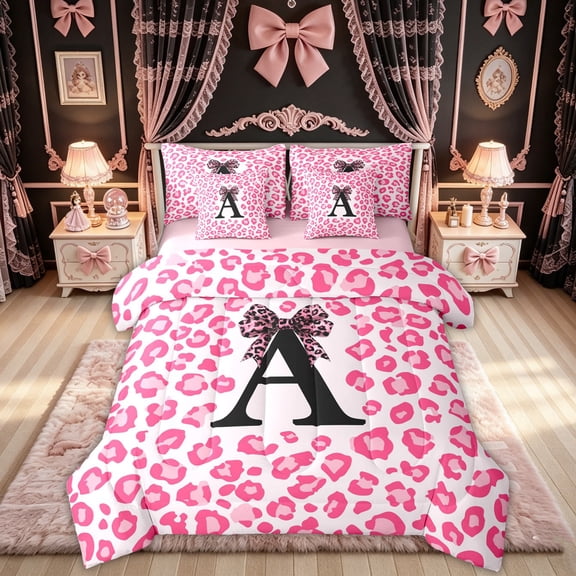 Feelyou Pink Leopard Letter A Twin Bedding for Girls, Fashion Cheetah Print Bow Bedding Comforter Set, Pink Reversible, 7-Piece