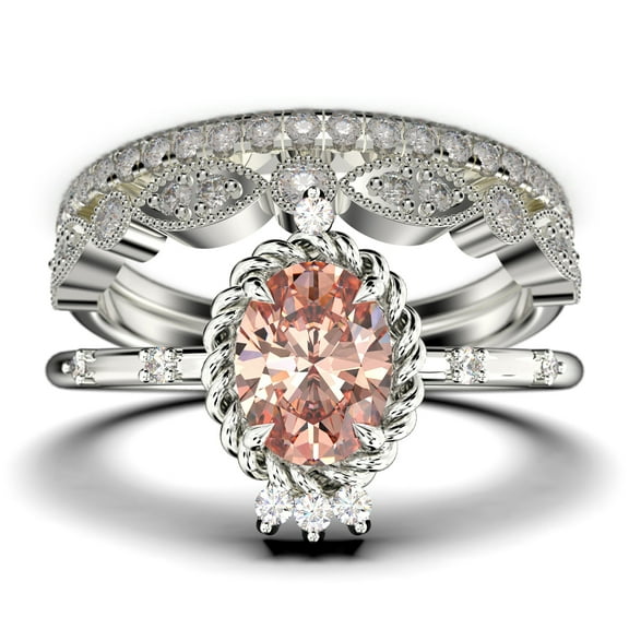 Dazzling Art nouvea 2.50 Carat Oval Cut Morganite And Diamond Moissanite Engagement Ring, Wedding Ring in 10k Solid White Gold, Compass Ring, Promise Ring, Anniversary Ring, Trio Set, Matching Band