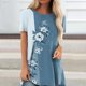 thumbnail image 3 of Camiseta de mujer holgada con cuello redondo y estampado de flores informal elegante para mujer Top de manga corta para verano azul S, 3 of 6