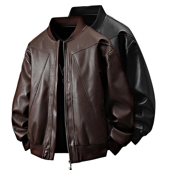 RYDCOT Men's Faux Leather Jacket Stand Collar Motorcycle Leather Jackets Casual Windproof Lightweight Zip up Biker Coat Brown