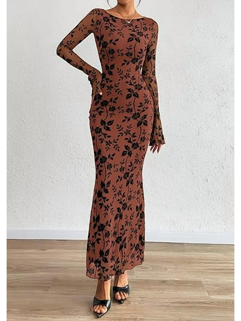 Prettygarden Women's Floral Bodycon Maxi Dress Fall Elegant Mesh Long Sleeve Formal Wedding Guest Cocktail Dresses, Size: XL, Red