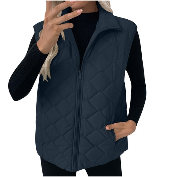 QSAWXQZ Puffer Vest for Women Sleeveless Lapel Colar Zip Up Solid Cardigan Vest with Zipper Pockets Navy 2XL