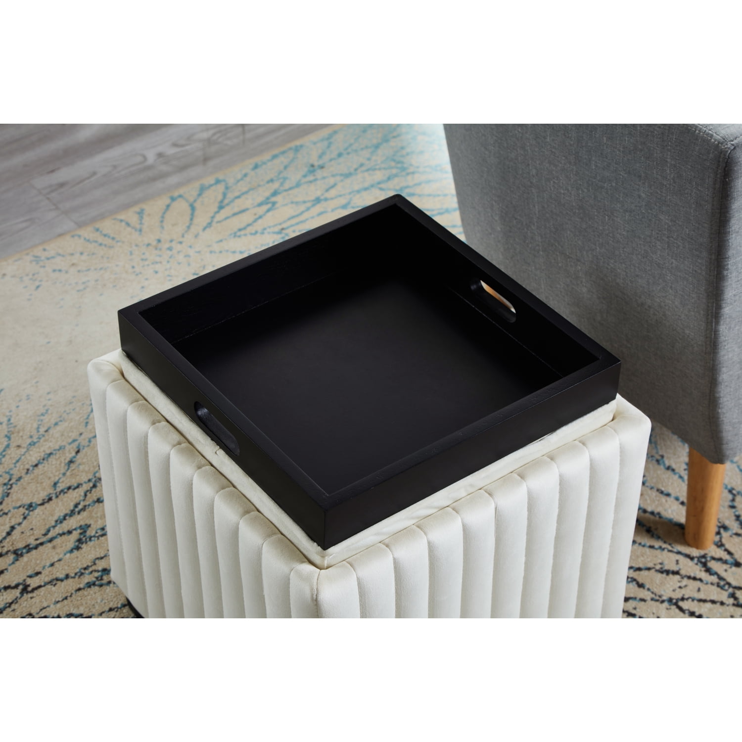 18 Inch Beige Square Cube Storage Ottoman Bench with Coffee Tray for Living Room and Bedroom