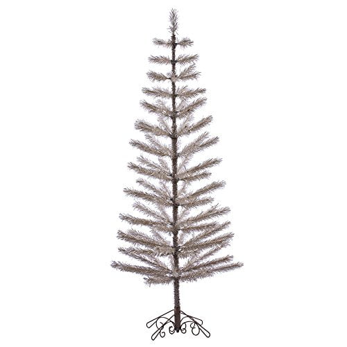 6' x 28" Champagne Feather tree with 86 PVC tips. Comes with a Scroll Metal Stand.