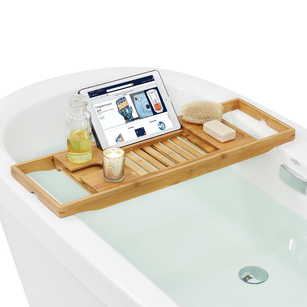 Mainstays Extendable Bamboo Bathtub Tray with Flip-up Reading