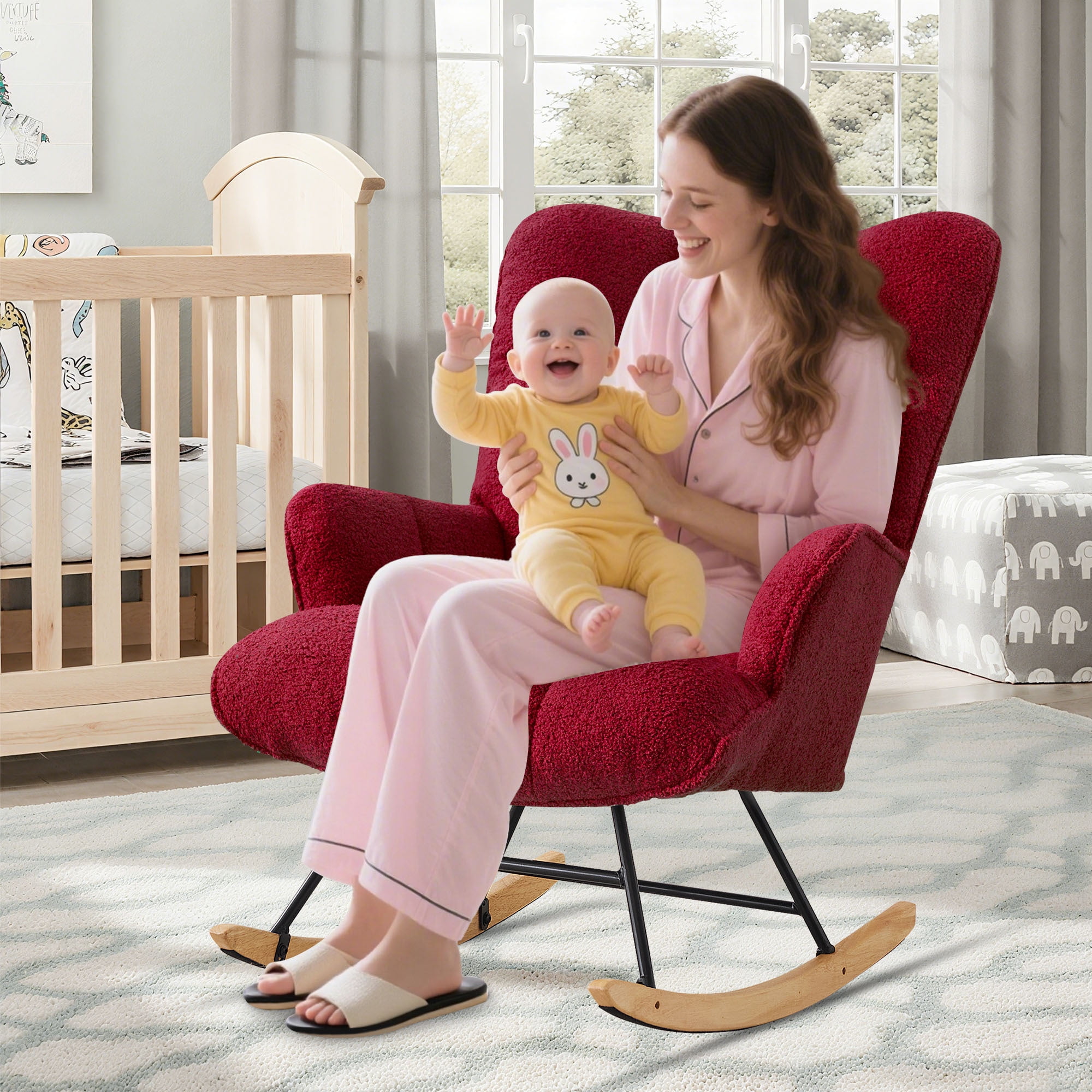 SAETSFEG Rocking Chair Nursery Teddy Upholstered Glider Rocker Rocking Accent Chair Padded Seat with High Backrest Armchair Comfy Side Chair for Living Room, Bedroom, Burgundy