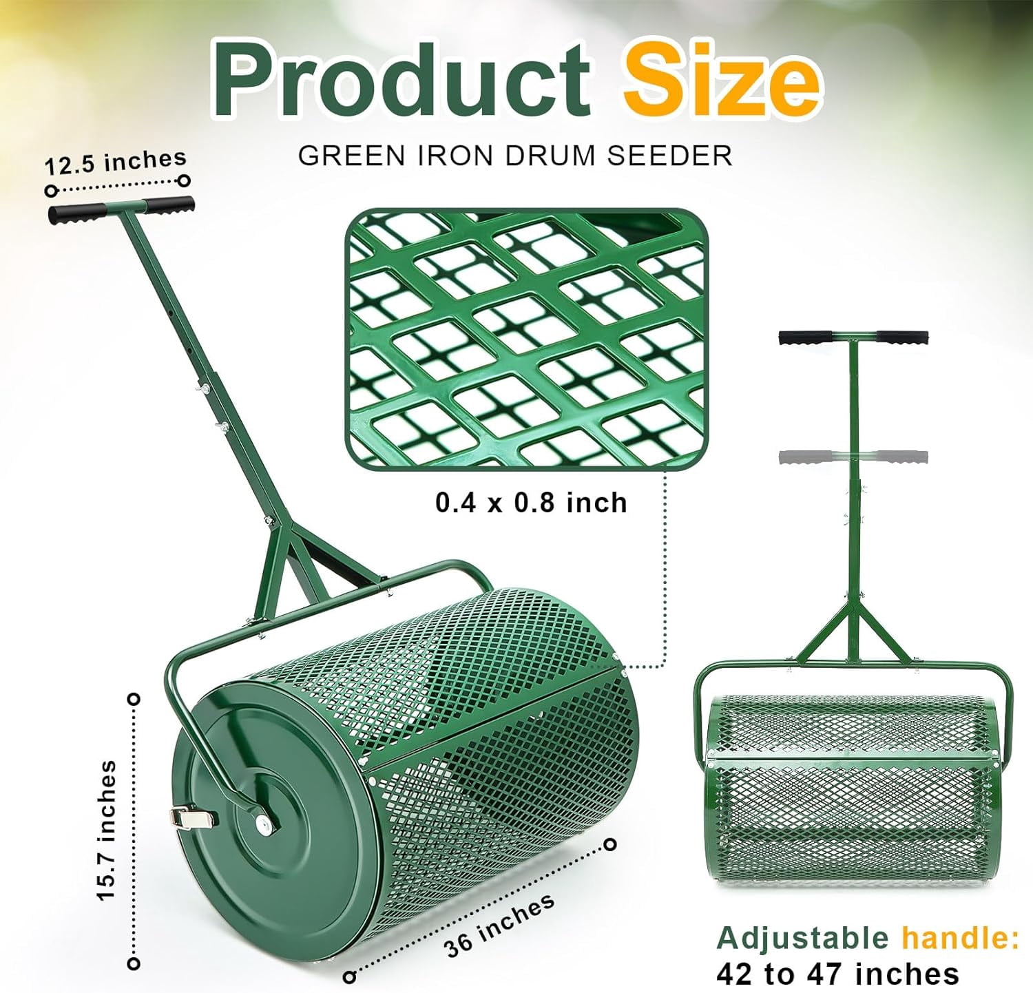 36-inch compost spreader, peat moss spreader, with adjustable handle fertilizer roller, lightweight metal mesh for lawn garden spreading fertilizer topsoil (green)