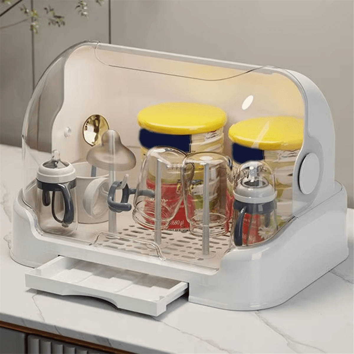 Portable Baby Bottle Drying Rack with Dustproof Lid, Removable Drip Tray, and Compact Storage Design Brown