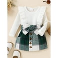 thumbnail image 2 of WIFORNT Baby Girls Autumn Outfit Sets Solid Color Long Sleeve Ruffle Romper + Plaid Skirt with Belt, 2 of 9
