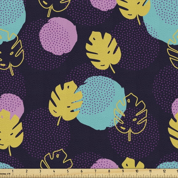 Tropical Fabric by the Yard Upholstery, Palm Leaves and Paint Blots Polka Dots Geometrical Design Pattern, Decorative Fabric for DIY and Home Accents, Dark Purple and Multicolor by Ambesonne