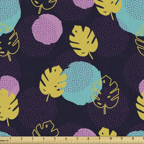 Tropical Fabric by the Yard Upholstery, Palm Leaves and Paint Blots Polka Dots Geometrical Design Pattern, Decorative Fabric for DIY and Home Accents, Dark Purple and Multicolor by Ambesonne