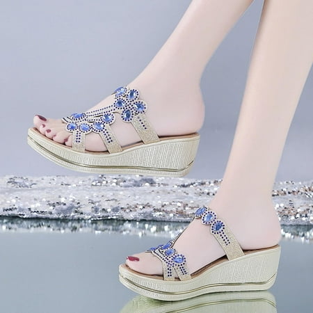 

Yoslce Sandals Women Ladies Crystal Wedges Thick Peep Toe Slippers Womens Shoes