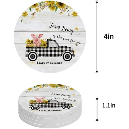 

KXMDXA Farm Pig in Truck and Sunflower on Retro Wooden Grain Set of 8 Round Coaster for Drinks Absorbent Ceramic Stone Coasters Cup Mat with Cork Base for Home Kitchen Room Coffee Table Bar Decor
