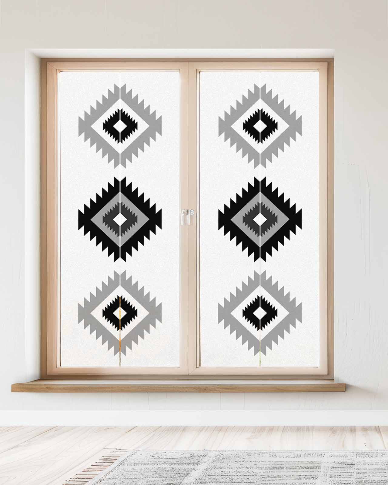 Window Privacy Film, Black White Boho Aztec UV Sun Blocking Window Tint Film Heat Control One Way Blackout Window Film, Morocco Mexican Geometric Bohemian Non Adhesive Static Cling Sticker 23.6x59 In