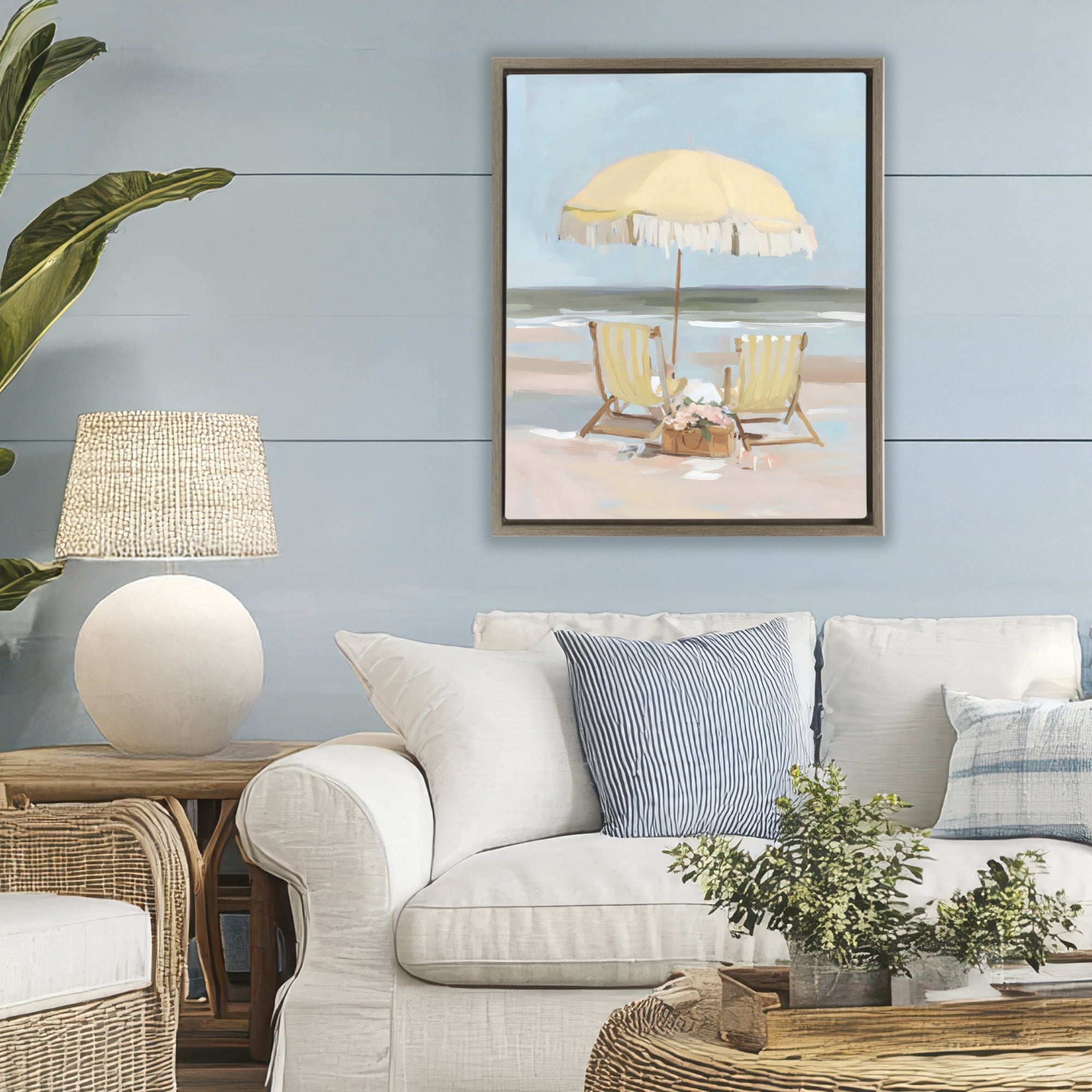 Stupell Industries Yellow Chairs Beach Relaxation Brown Framed Floater Canvas Wall Art, design by Sisi and Seb