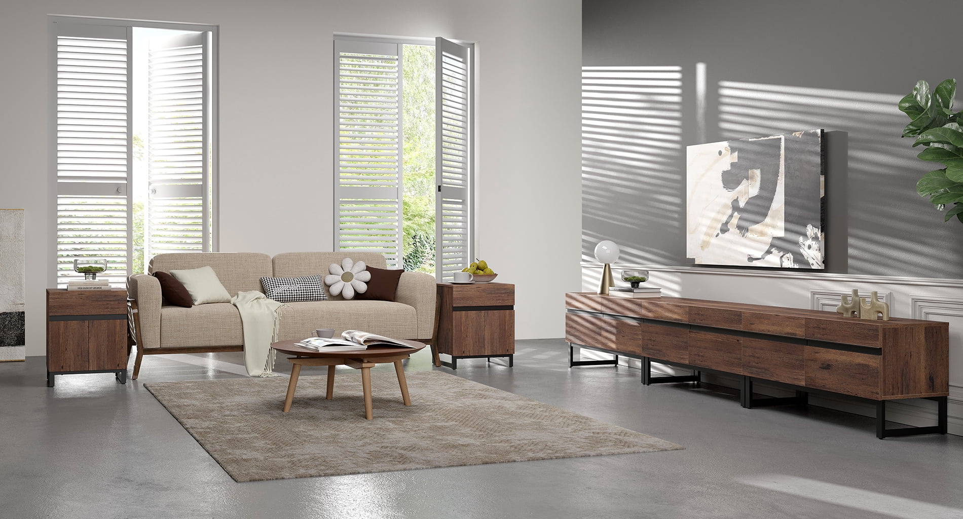 Modern 3-Piece Living Room Set, 106 Inch TV Stand And 2 End Table Sets With Drawers, Media Console with Storage Shelves, Sturdy Wood Frame & Metal Legs, Contemporary Furniture for Living Room,Brown