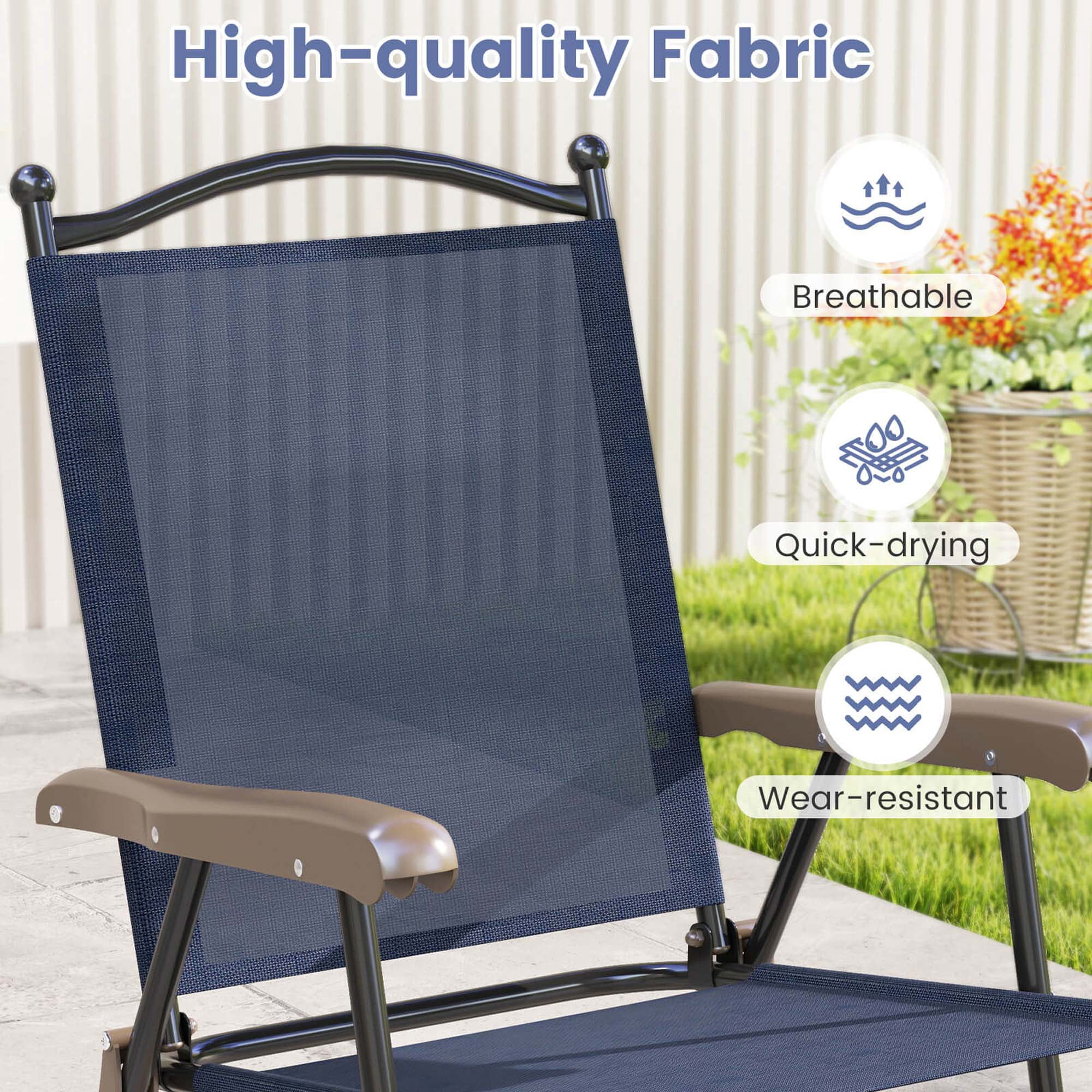 Costway Patio Folding Chairs Set of 2 with Armrests Outdoor Portable Camping Chairs Navy
