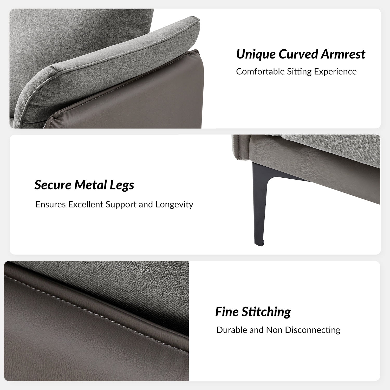 Modern Loveseat with Metal Legs Curved Arms Linen Leather Fabric Sofa for Living Room Grey