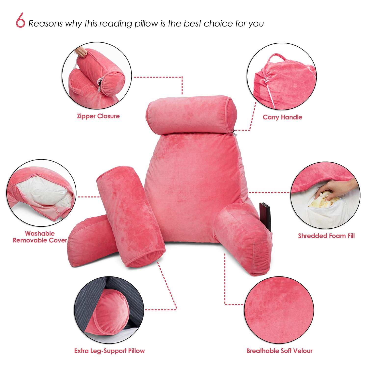 Clara Clark Bed Rest Reading Pillow with Arms and Pockets- Premium Memory Foam Pillow, Large, Pink