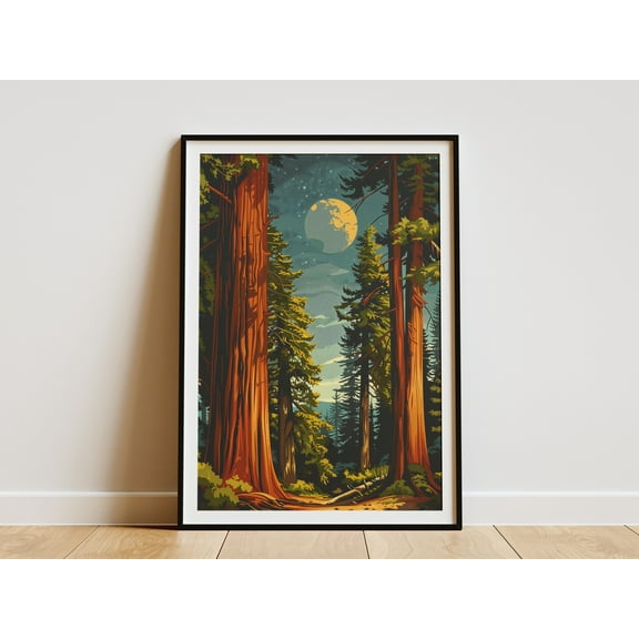 California Redwood Forest Poster Print Vintage Travel Poster Mid-Century Modern Nature Art p1