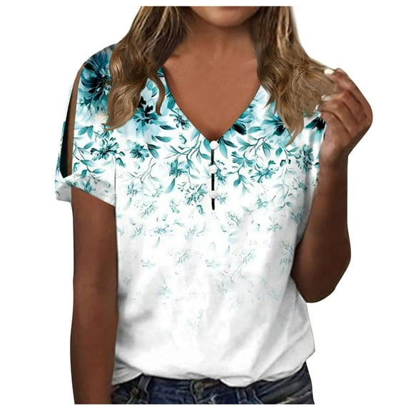 RKZDSR Womens Hollow Out Short Sleeve Tshirts Floral Print Summer Dressy Casual Blouse Button V Neck Loose Shirts Fall Fashion Comfy Cute Tops Green XL
