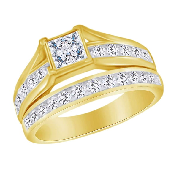 AFFY Princess & Round Cut White Natural Diamond Solitaire Bridal Ring Set In 10k Yellow Gold (0.5 cttw) Ring Size-4
